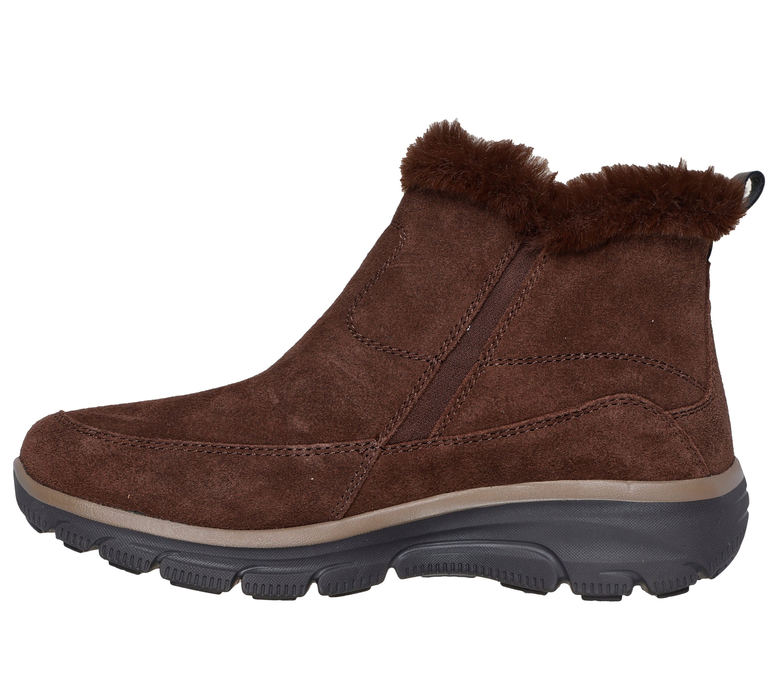 Vedenkestävät Skechers Relaxed Fit Easy Going Cool Zip naisten kengät mokkanahkaisella päällisellä ja lämpimällä keinoturkisvuorella.