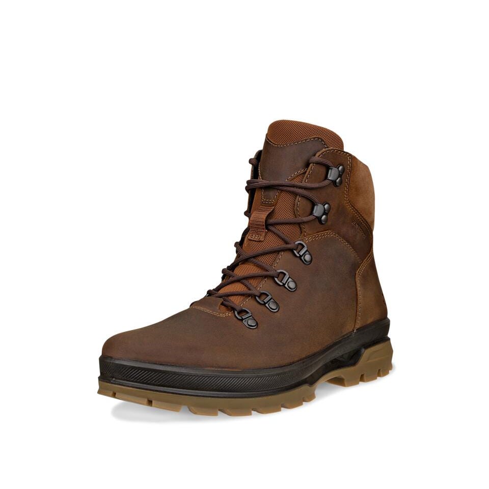 ECCO Rugged Track Boot miesten kenkä etunäkymä, Camel nahka ja tekstiili.
